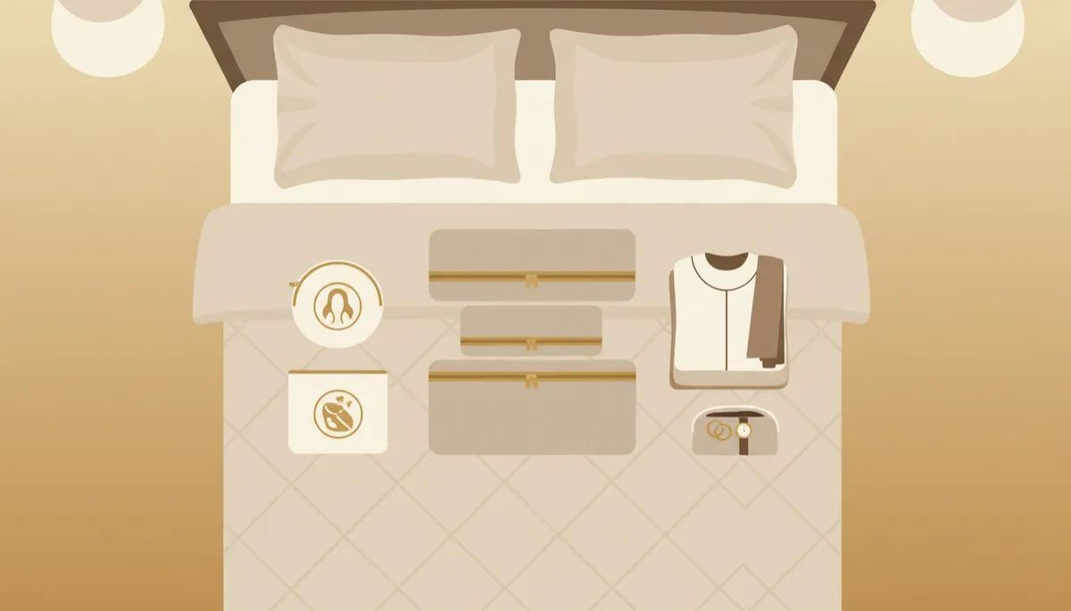 Organized travel packing cubes and labeled pouches arranged neatly on a hotel bed