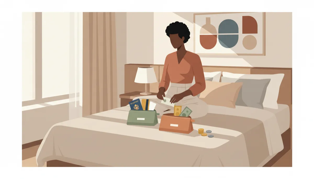 African American woman organizing travel documents into two separate pouches on a hotel bed