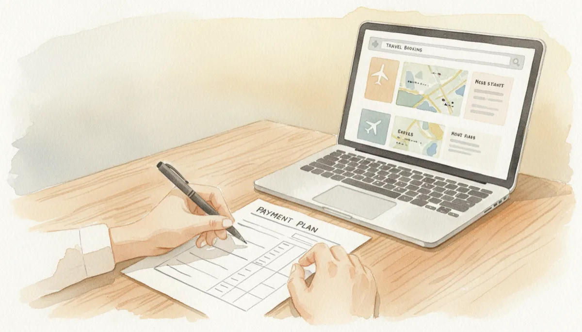 Person reviewing travel payment plan details alongside an online booking page.