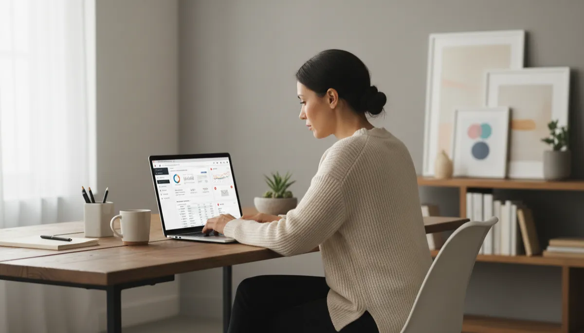 photorealistic neutral-toned office scene with a small business owner looking at a laptop showing a CRM dashboard, unread emails and notifications visible on screen, soft natural light, calm professional mood