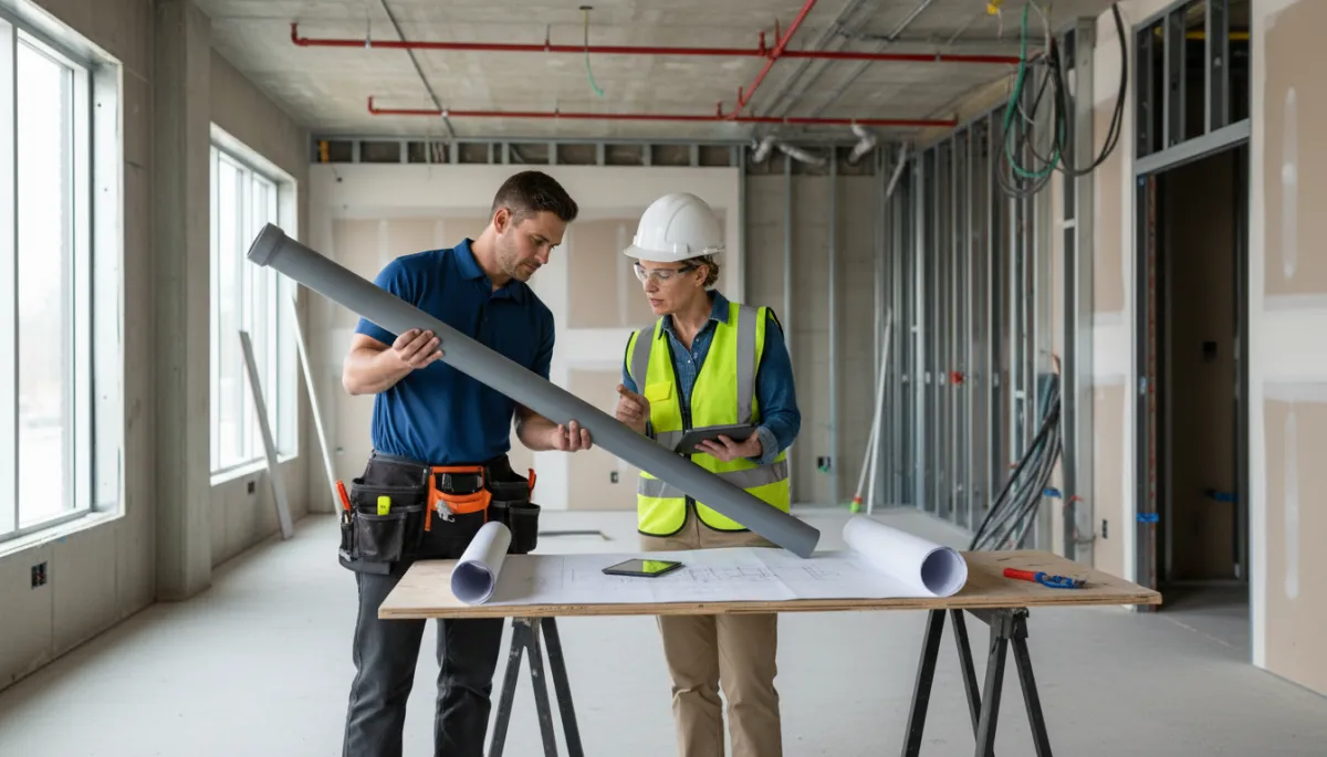 Plumber checking pipe sizes against construction plans