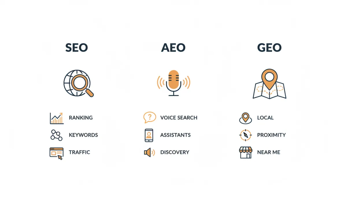 Infographic comparing SEO, AEO, and GEO in modern flat design