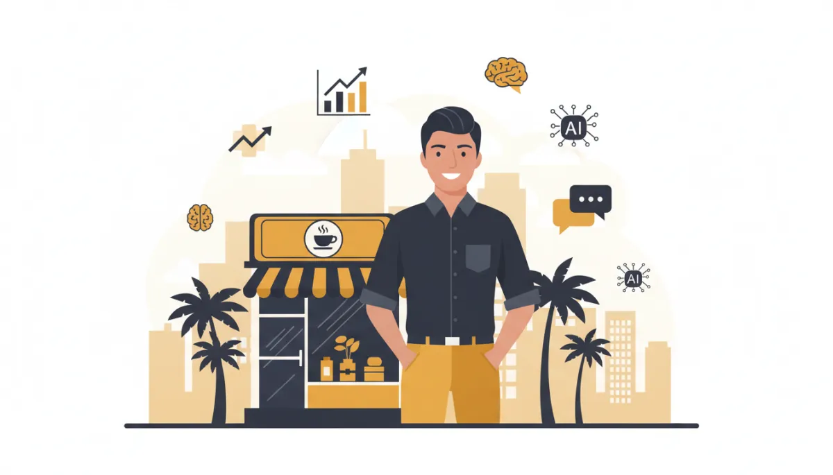 Latino small business owner with digital marketing and AI icons in modern flat design