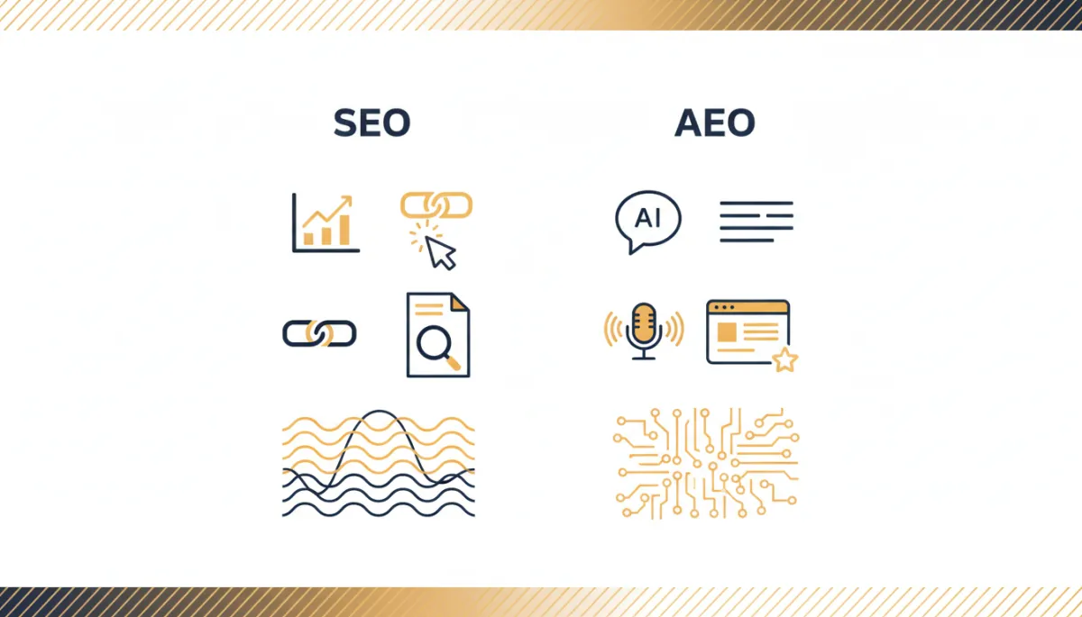 modern flat design / infographic with two side-by-side columns labeled SEO and AEO; simple icons for rankings, clicks on the SEO side and AI chat bubble, voice assistant, featured snippet card on the AEO side; using #F6AD55 amber and #3E4A59 dark navy on white background