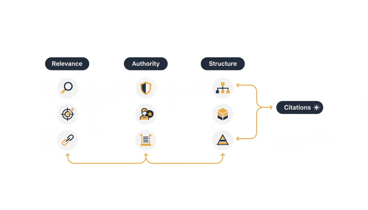 Flat design infographic showing relevance, authority, and structure feeding into AI citations