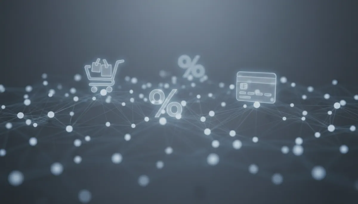 fotorealistisches neutrales Motiv, abstrahiertes digitales Netzwerk mit verbundenen Knotenpunkten, darüber schwebende Online-Shopping-Symbole wie Warenkorb, Prozentzeichen und Kreditkarte, dezente graue und blaue Töne