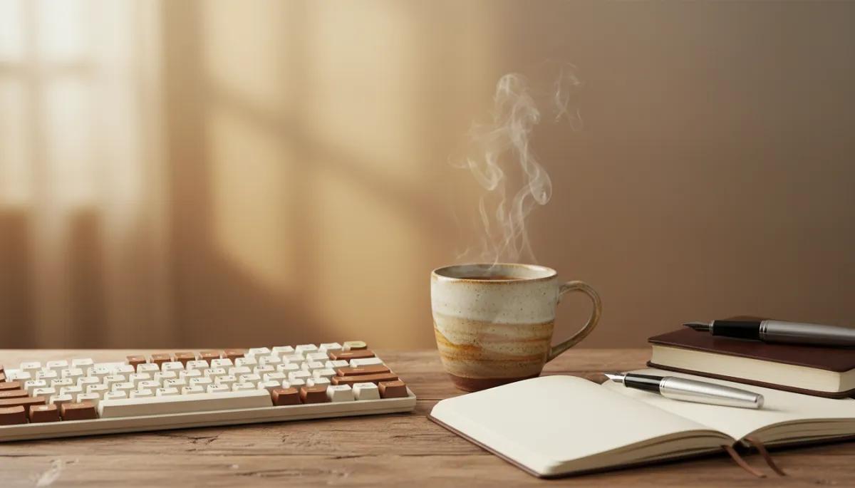 Tastatur mit Kaffee und Notizbuch in kreativer Schreibatmosphäre
