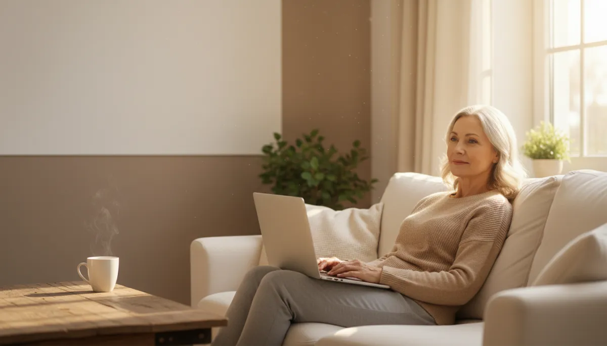 fotorealistisches Bild einer entspannten älteren Frau oder eines älteren Mannes (50–65) auf einem bequemen Sofa zu Hause, neutrale Farben, Laptop oder Tablet auf dem Schoß, eine Tasse Tee auf dem Couchtisch, warmes Tageslicht durch ein Fenster, ruhige Atmosphäre