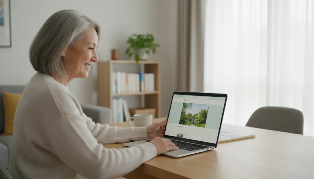 fotorealistisches neutrales Foto einer lächelnden Frau oder eines lächelnden Mannes um die 60, sitzt mit Laptop am hellen Esstisch, auf dem Bildschirm ist eine frisch erstellte Blog-Startseite zu sehen, gemütliche Wohnung, weiche Tagesbeleuchtung