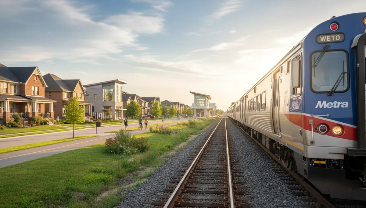 A high-quality, landscape-oriented photo of a Metra commuter train, ideally in Northwest Indiana or near the new West Lake Corridor stations, suitable for use as a featured image on a real estate blog post about the West Lake Corridor's impact on home values. The train should be recognizable as Metra branding, in daylight, and the scene should feel welcoming and vibrant to potential home buyers. A high-quality, landscape-oriented photo of a Metra commuter train, ideally in Northwest Indiana or near the new West Lake Corridor stations, suitable for use as a featured image on a real estate blog post about the West Lake Corridor's impact on home values. The train should be recognizable as Metra branding, in daylight, and the scene should feel welcoming and vibrant to potential home buyers.