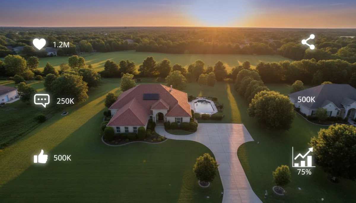 A professionally marketed home shown with digital engagement metrics overlay