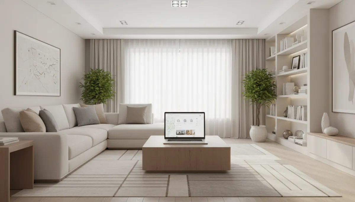 Staged living room with laptop open to an online home search site Staged living room with laptop open to an online home search site
