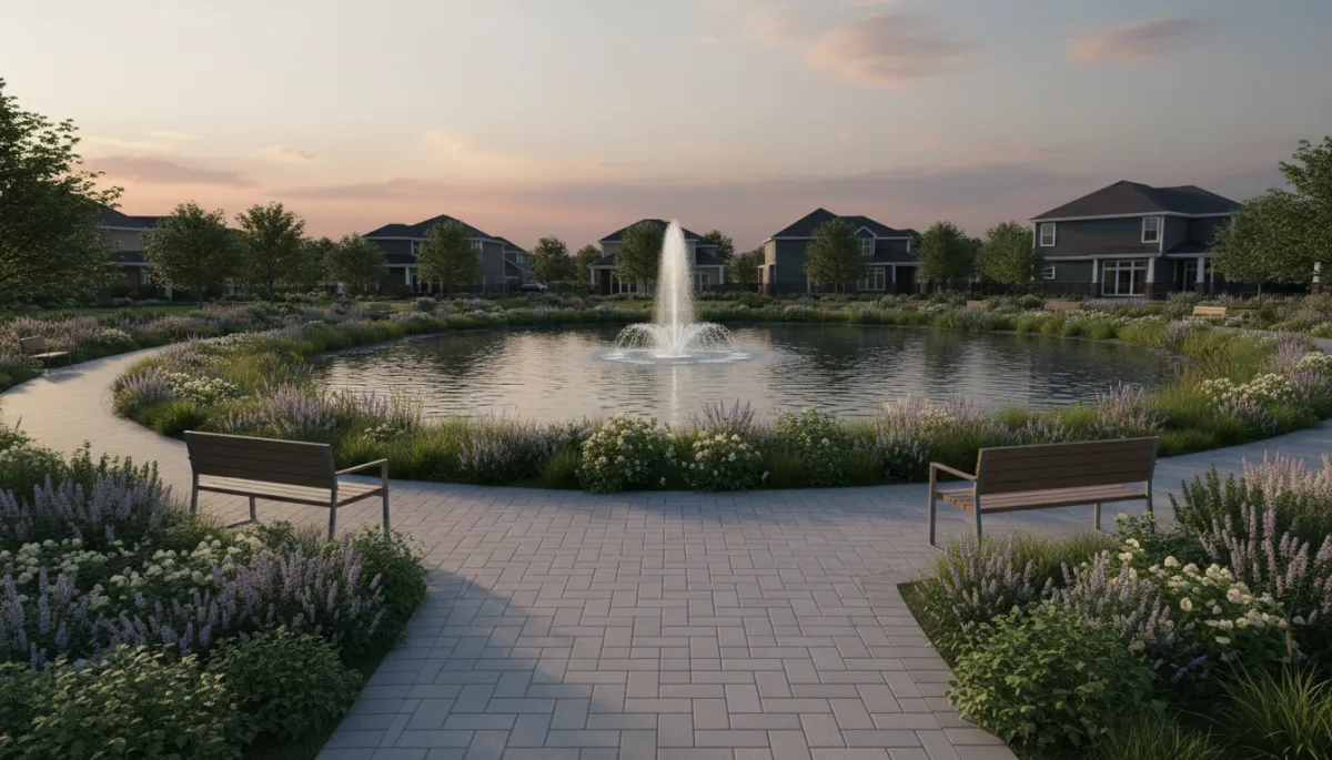 Landscaped neighborhood pond with a central fountain and walking path in Crown Point Landscaped neighborhood pond with a central fountain and walking path in Crown Point