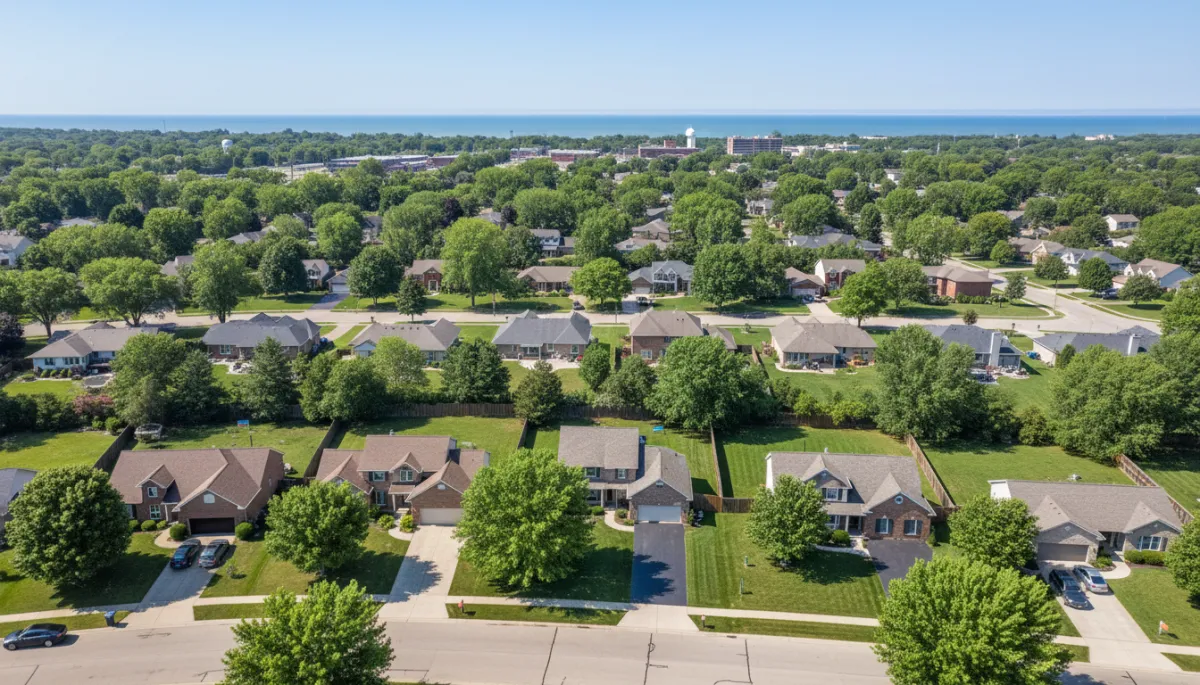 A photorealistic aerial view of a suburban neighborhood in Northwest Indiana, showcasing a mix of single-family homes with well-maintained lawns, A photorealistic aerial view of a suburban neighborhood in Northwest Indiana, showcasing a mix of single-family homes with well-maintained lawns,