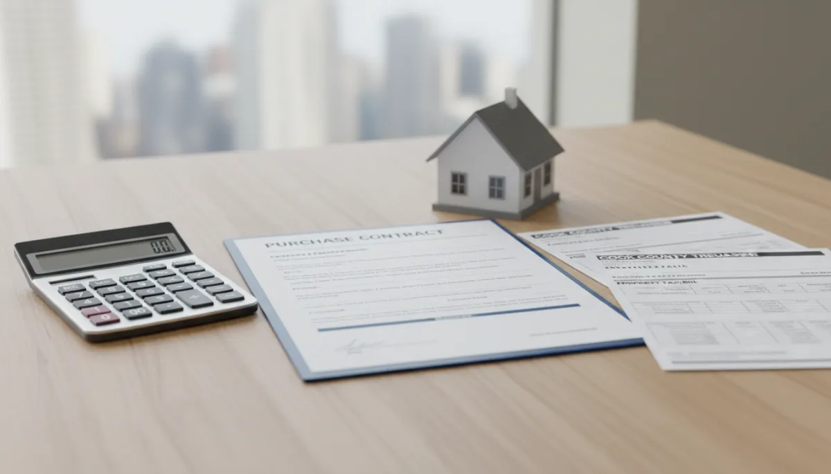 Real estate closing documents and Cook County tax paperwork on a table