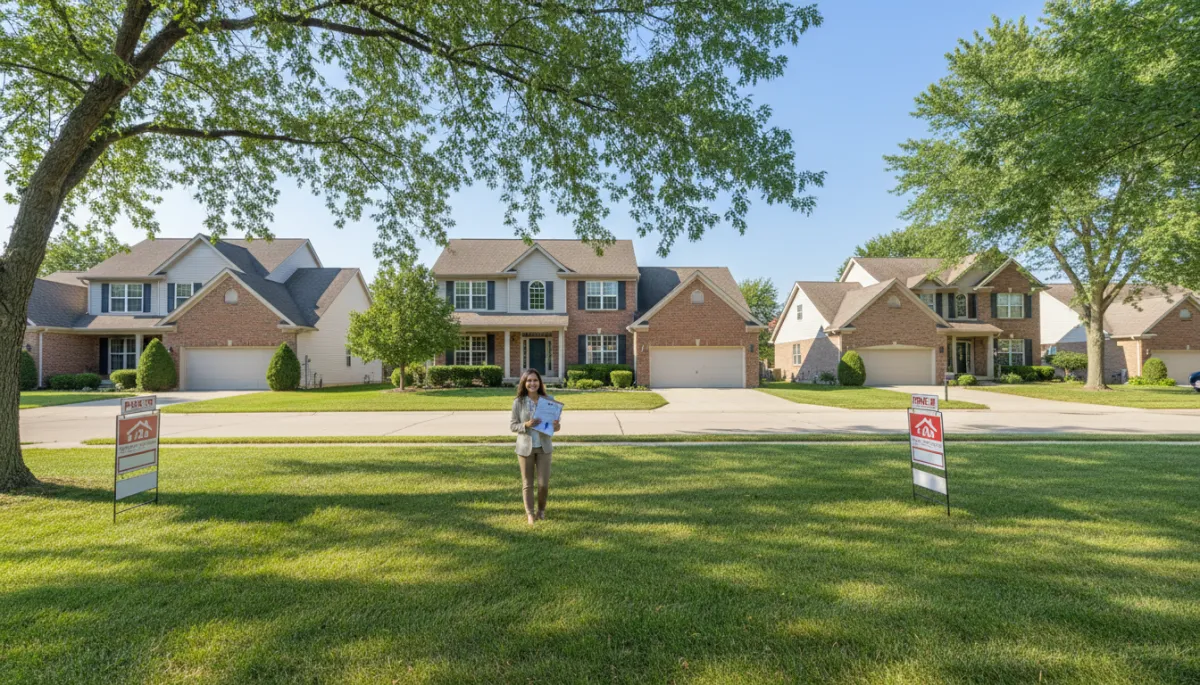 A photorealistic, high-resolution image depicting a suburban neighborhood in Orland Park or Tinley Park, Illinois, during a bright, clear day. The scene shows a mix of single-family homes with well-kept lawns, mature trees, and for-sale signs in a few front yards, subtly indicating real estate activity. In the background, a visible Cook County map or a document with charts is placed on a clipboard on a porch bench, symbolizing property reassessment. No text overlay anywhere on the image. The atmosphere is professional and welcoming, with natural lighting and balanced colors to complement a real estate or local informational blog.