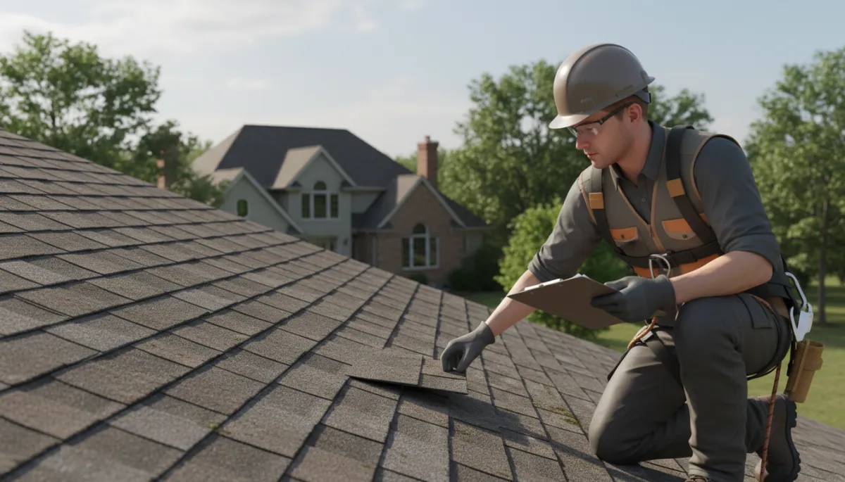 Roofing contractor inspecting an Illinois home roof with clipboard Roofing contractor inspecting an Illinois home roof with clipboard