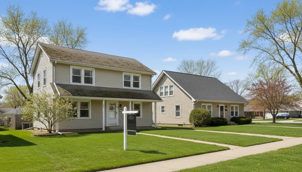 A photorealistic image of a classic suburban Illinois home with a visibly aged roof—faded, worn shingles, some minor moss growth—contrasted against a neighboring home with a new, pristine roof. In the foreground, a A photorealistic image of a classic suburban Illinois home with a visibly aged roof—faded, worn shingles, some minor moss growth—contrasted against a neighboring home with a new, pristine roof. In the foreground, a