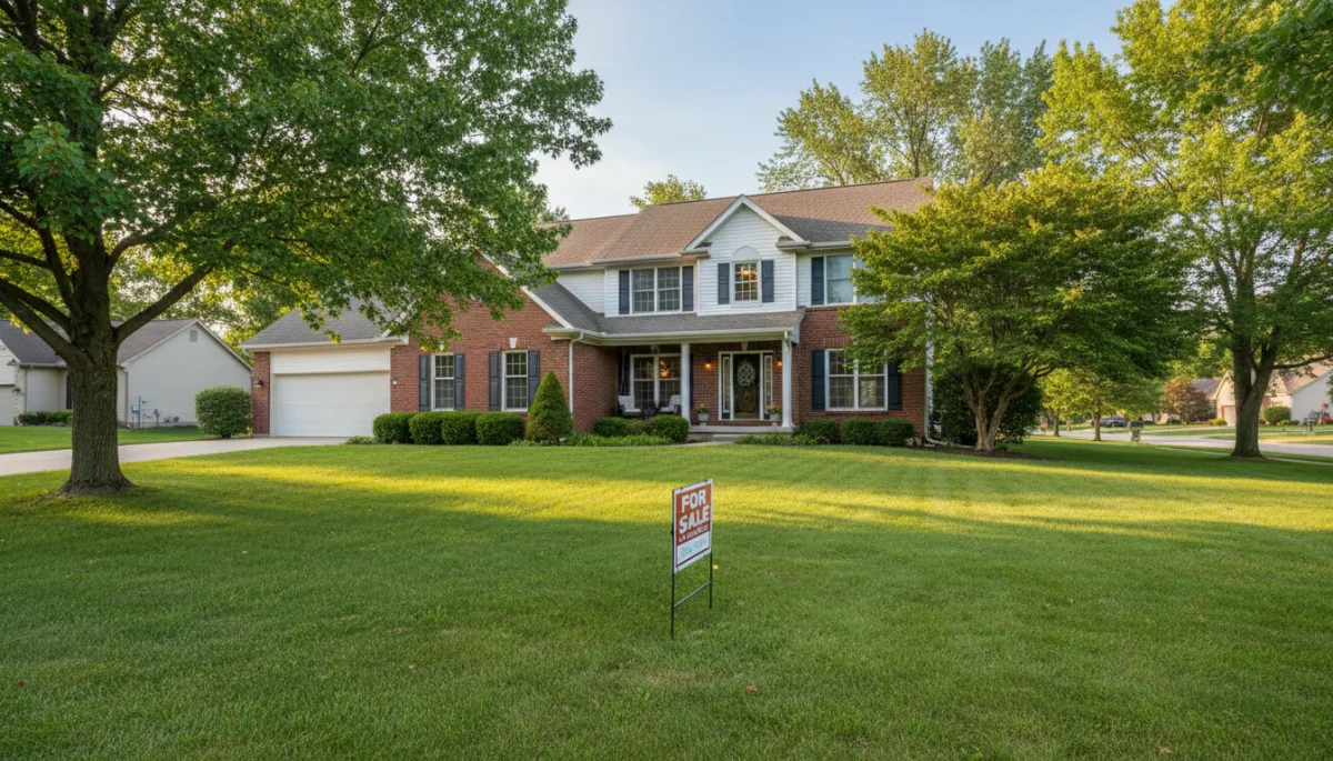A photorealistic image of a classic, well-maintained family home in Northwest Indiana, with mature trees and a lush green lawn, captured during soft daylight. The house has a A photorealistic image of a classic, well-maintained family home in Northwest Indiana, with mature trees and a lush green lawn, captured during soft daylight. The house has a