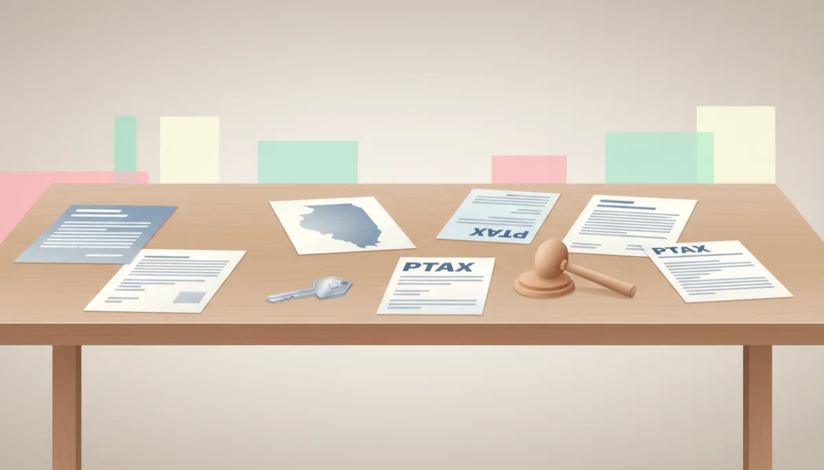 Closing table with Illinois real estate and probate paperwork for an inherited home sale Closing table with Illinois real estate and probate paperwork for an inherited home sale