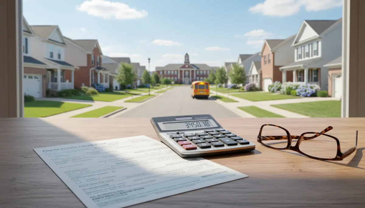 A photorealistic image of a suburban Northwest Indiana neighborhood with well-maintained houses and manicured lawns under a clear sky. In the foreground, a close-up view of a property tax bill and a calculator resting on a wooden desk, with a pair of reading glasses nearby. In the background, there is a school building visible down the street, with a yellow school bus parked in front. The image should be bright, professional, and free of any text overlays, conveying the concept of property taxes and school funding in a relatable, everyday context. A photorealistic image of a suburban Northwest Indiana neighborhood with well-maintained houses and manicured lawns under a clear sky. In the foreground, a close-up view of a property tax bill and a calculator resting on a wooden desk, with a pair of reading glasses nearby. In the background, there is a school building visible down the street, with a yellow school bus parked in front. The image should be bright, professional, and free of any text overlays, conveying the concept of property taxes and school funding in a relatable, everyday context.