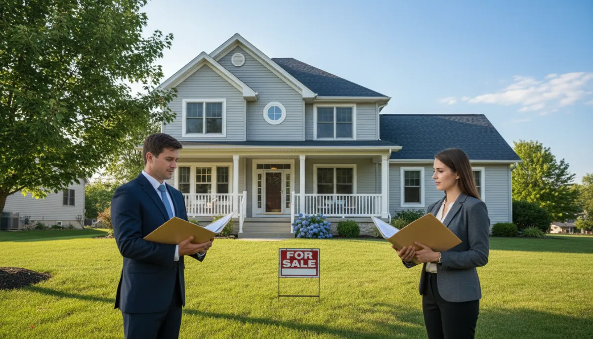 A photorealistic, high-quality image of a traditional suburban Illinois home with a “For Sale” sign in the front yard. The scene is captured on a clear day with soft, natural lighting. In the foreground, two people—a man and a woman—stand at a respectful distance from one another, each holding a folder of documents, conveying a sense of seriousness and professionalism. The overall mood is calm and neutral, emphasizing the process of selling a house rather than personal conflict. The composition is clean, with no text overlay, suitable for a professional real estate or legal advice blog.