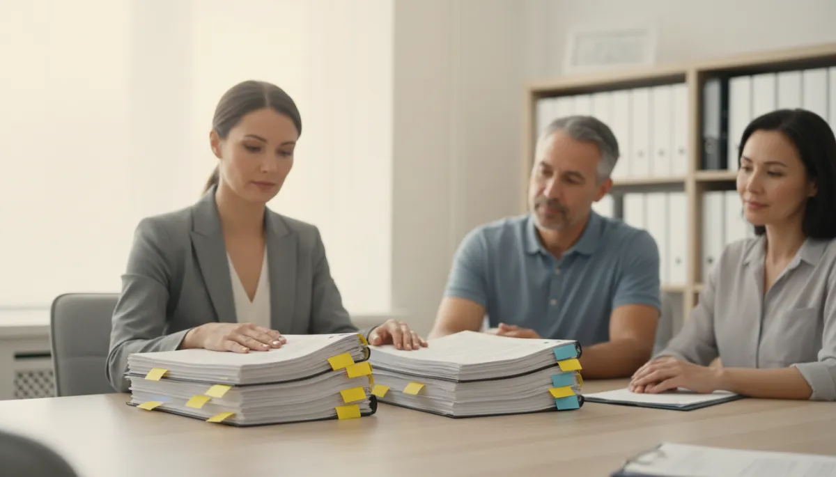 Title company representative organizing divorce-related home sale documents for separate signings Title company representative organizing divorce-related home sale documents for separate signings