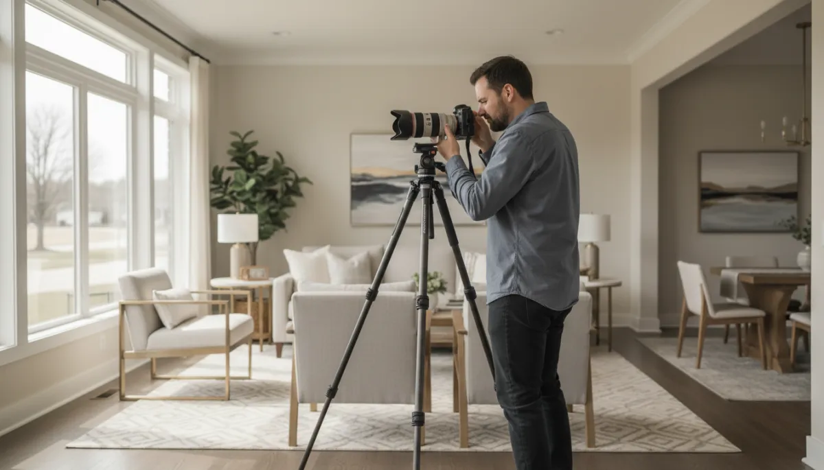 Professional photographer capturing high-quality listing photos in a staged living room