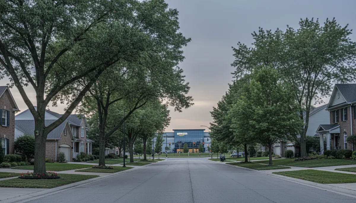 Residential street in Orland Park with the future Amazon store in the distance Residential street in Orland Park with the future Amazon store in the distance