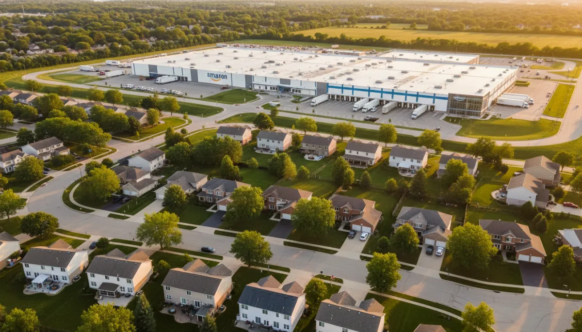 A photorealistic aerial view of a suburban neighborhood in Orland Park, Illinois, with well-maintained single-family homes, lush green lawns, and tree-lined streets in the foreground. In the background, a large, modern Amazon fulfillment center is visible, featuring the recognizable Amazon logo and clean, contemporary architecture. The scene is captured during golden hour, with warm sunlight casting soft shadows and creating an inviting, optimistic atmosphere. No text overlay; focus on the harmonious blend of residential and commercial development, suggesting potential positive impact on home values. A photorealistic aerial view of a suburban neighborhood in Orland Park, Illinois, with well-maintained single-family homes, lush green lawns, and tree-lined streets in the foreground. In the background, a large, modern Amazon fulfillment center is visible, featuring the recognizable Amazon logo and clean, contemporary architecture. The scene is captured during golden hour, with warm sunlight casting soft shadows and creating an inviting, optimistic atmosphere. No text overlay; focus on the harmonious blend of residential and commercial development, suggesting potential positive impact on home values.