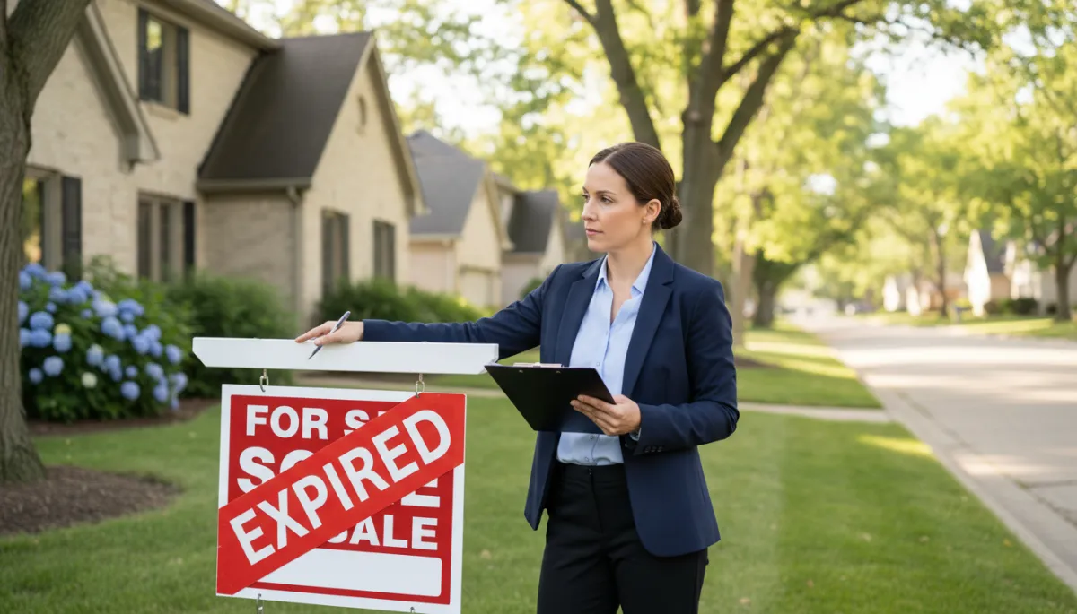 A photorealistic, high-quality image of a professional real estate agent standing in front of a 