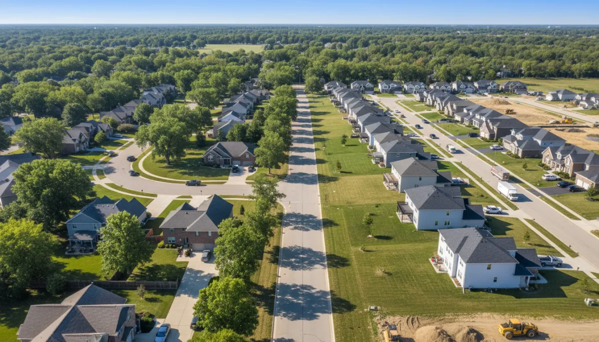 A photorealistic aerial view of a suburban neighborhood in Crown Point, Indiana, showing a mix of established homes and a large, freshly developed residential area with newly constructed houses. The image should capture the contrast between the mature, tree-lined streets of existing homes and the clean, modern look of the new housing development. Include well-maintained lawns, driveways, and a few moving trucks or construction vehicles to indicate recent growth. The overall tone should be bright and inviting, with clear skies and natural lighting, and there should be no text overlay or graphical elements—just a clean, professional photograph suitable for a real estate or local news blog.
