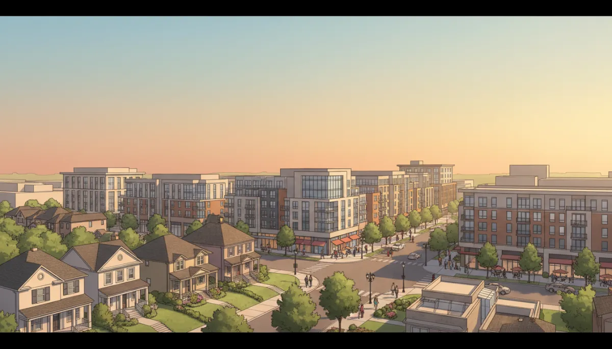 A photorealistic, high-resolution image of Orland Park’s downtown area, showcasing modern new developments alongside well-maintained residential homes in the foreground. The scene is bathed in warm, late afternoon sunlight, highlighting vibrant landscaping, clean streets, and a mix of contemporary buildings and established neighborhoods. People can be seen walking along wide sidewalks, enjoying outdoor cafes, and a subtle sense of community vibrancy. No text or logos are present—just a clean, inviting visual that clearly represents the positive impact of urban redevelopment on local home values.