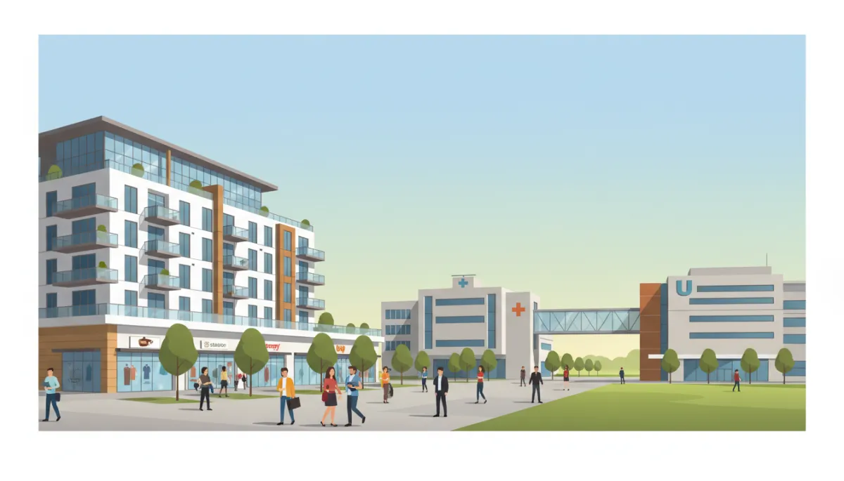 A modern mixed-use development in Crown Point, Indiana, featuring new apartments, retail shops, and visible proximity to a hospital and university campus, bustling with students and professionals.