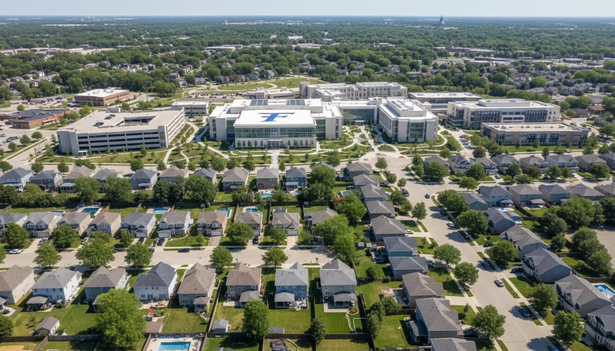 A photorealistic aerial view of Crown Point, Indiana, with a vibrant residential neighborhood in the foreground and a modern new medical school campus with the Franciscan logo in the midground, under bright daylight. No text overlays.