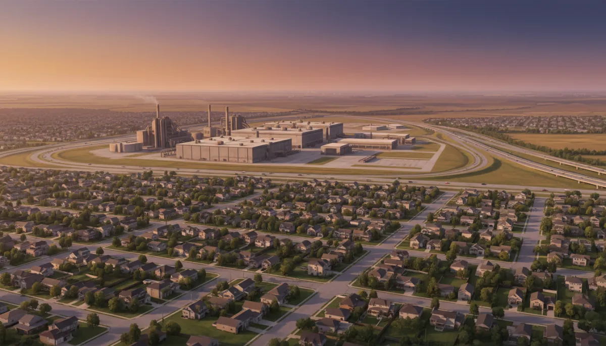 Aerial view of Joliet neighborhoods in the foreground with the large former Caterpillar industrial site and nearby highways in the background, late afternoon light, subtle focus on residential streets leading toward the plant Aerial view of Joliet neighborhoods in the foreground with the large former Caterpillar industrial site and nearby highways in the background, late afternoon light, subtle focus on residential streets leading toward the plant