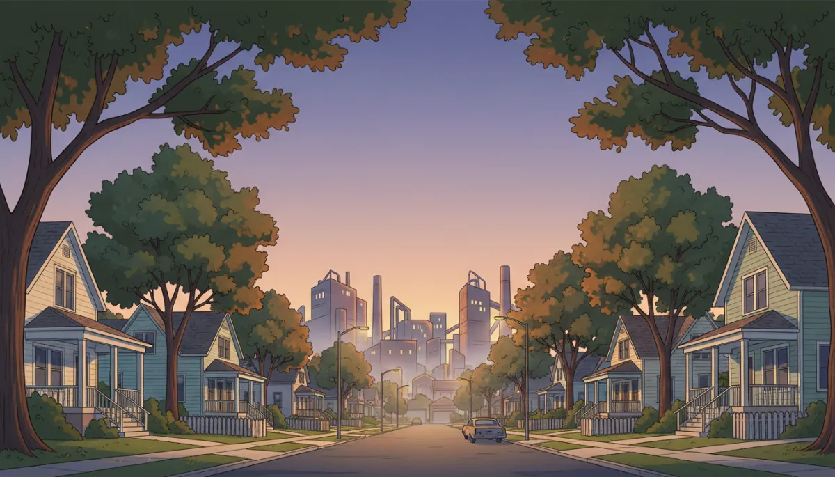 Street-level view of a quiet Joliet residential block with single-family homes, mature trees, and a distant glimpse of industrial buildings beyond, early evening sky Street-level view of a quiet Joliet residential block with single-family homes, mature trees, and a distant glimpse of industrial buildings beyond, early evening sky