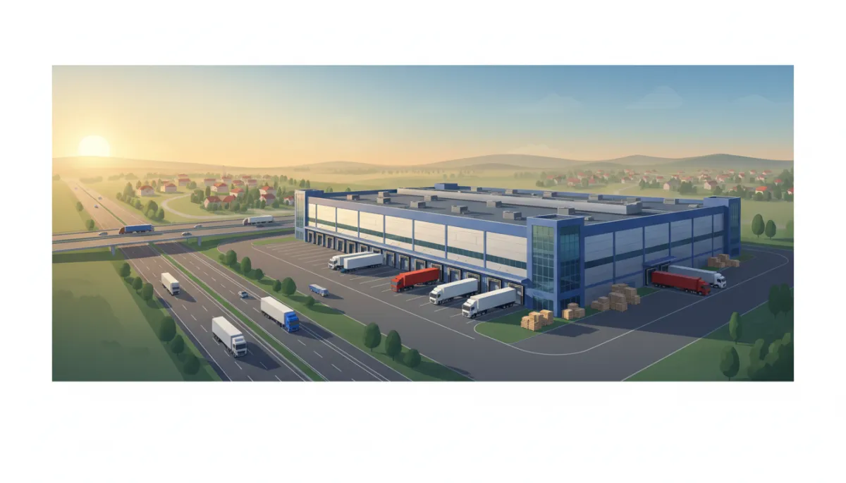 Wide shot of a large modern industrial facility with loading docks and trailers, with a residential area faintly visible in the distance across a highway Wide shot of a large modern industrial facility with loading docks and trailers, with a residential area faintly visible in the distance across a highway