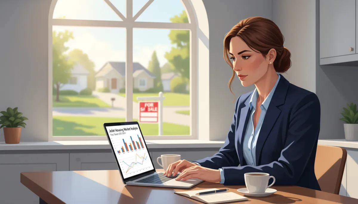 Close-up of a real estate agent reviewing Joliet housing market charts and price trends on a laptop at a kitchen table with a for-sale sign visible through the window Close-up of a real estate agent reviewing Joliet housing market charts and price trends on a laptop at a kitchen table with a for-sale sign visible through the window