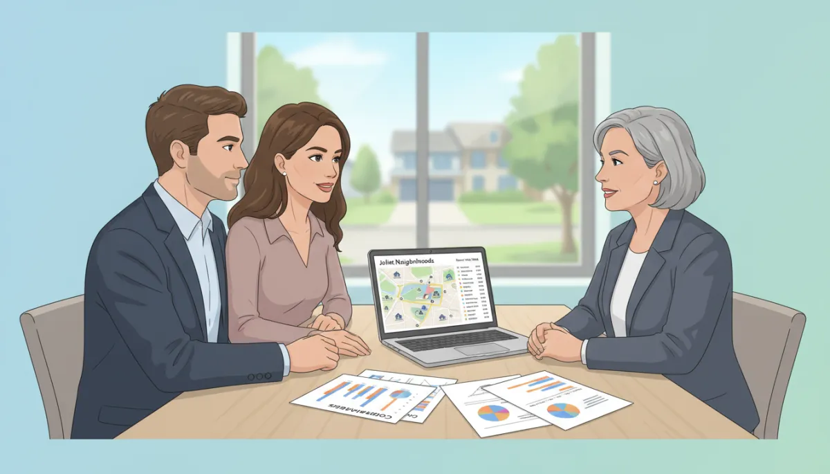 Couple sitting at a dining table with a real estate agent, reviewing printed comps and a laptop screen showing Joliet neighborhood maps and recent sales Couple sitting at a dining table with a real estate agent, reviewing printed comps and a laptop screen showing Joliet neighborhood maps and recent sales