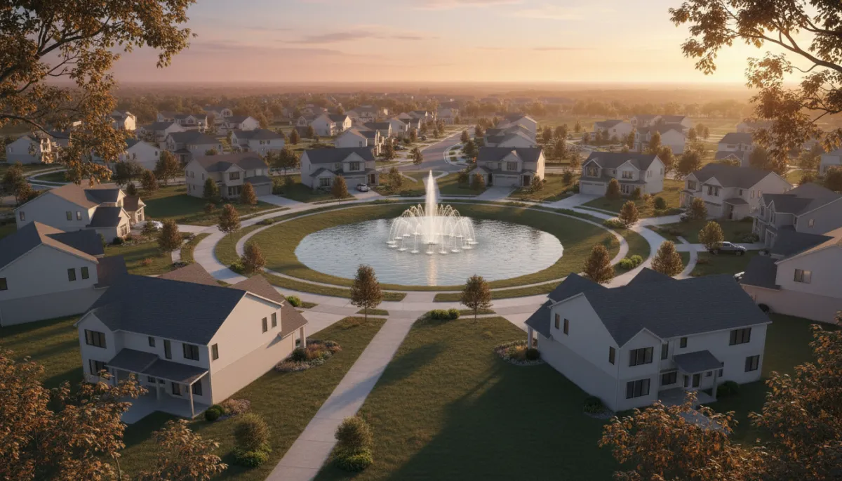 professional aerial view of a Crown Point Indiana neighborhood at sunset with a central pond and fountain feature surrounded by walking paths and well-kept homes neutral color palette professional aerial view of a Crown Point Indiana neighborhood at sunset with a central pond and fountain feature surrounded by walking paths and well-kept homes neutral color palette