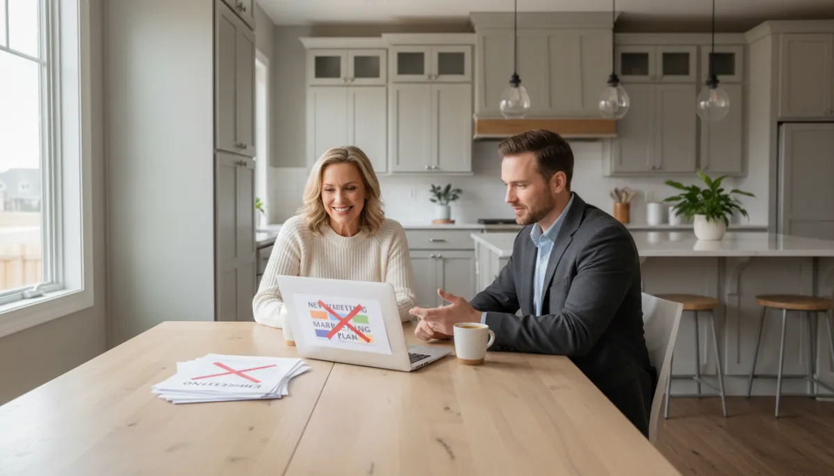 professional neutral-toned photo of a Northwest Indiana homeowner sitting at a kitchen table with a real estate agent, reviewing an expired listing printout and new marketing plan on a laptop, soft natural light, calm and hopeful mood