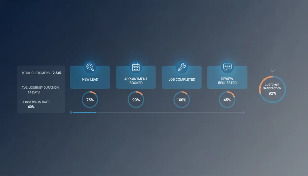 Dashboard showing an automated customer journey from lead capture to review request Dashboard showing an automated customer journey from lead capture to review request