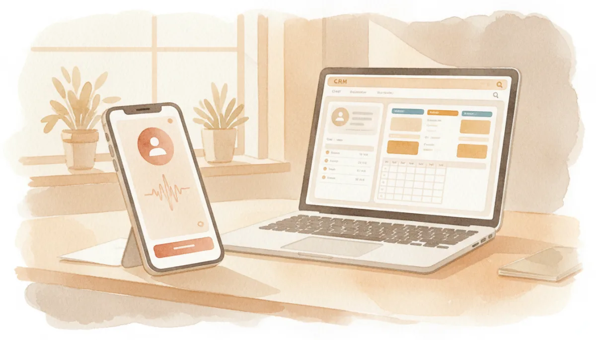 AI virtual assistant call being logged into a CRM dashboard on a desk AI virtual assistant call being logged into a CRM dashboard on a desk