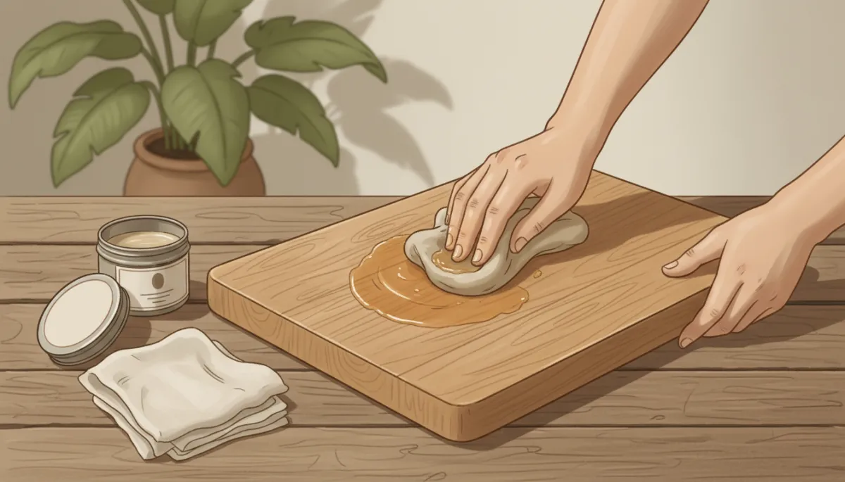 Warm neutral illustration of hands applying oil to a wooden cutting board Warm neutral illustration of hands applying oil to a wooden cutting board