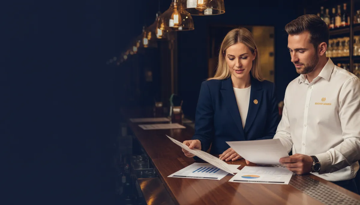 Restaurant manager reviewing labour and discount reports with a team leader