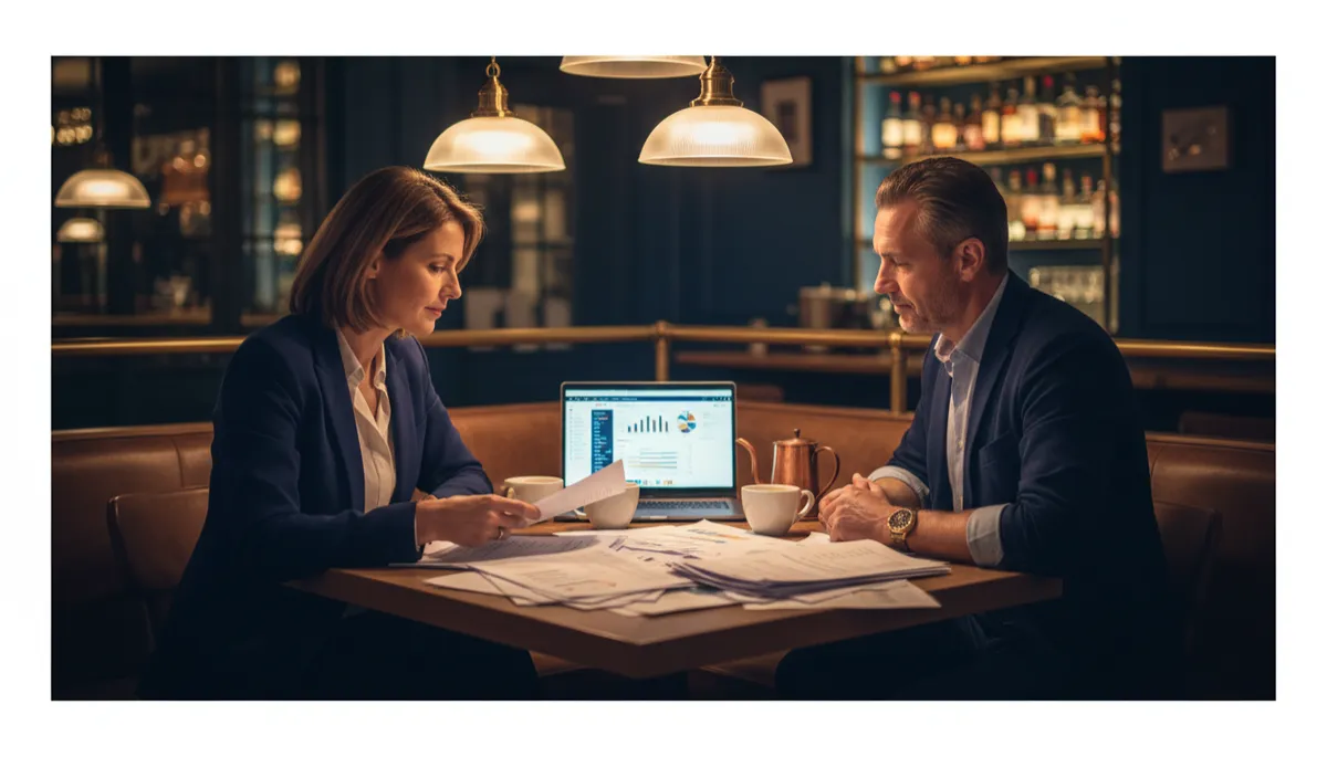 professional neutral-tone photograph of an independent UK restaurant owner and general manager reviewing printed P&L reports and a laptop dashboard at a corner table after service, warm overhead lighting, subtle navy and gold accents, calm but focused atmosphere