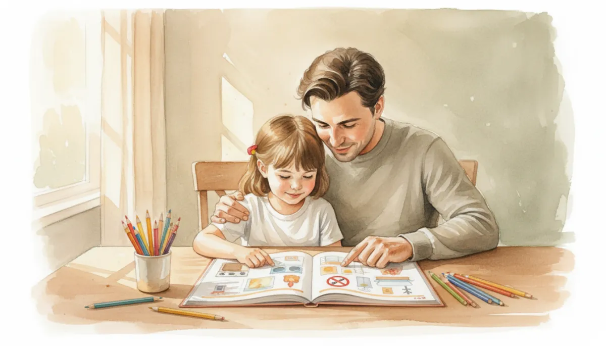 Parent and child using an educational colouring book about home safety