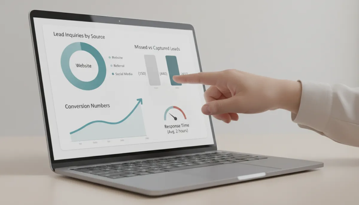 Dashboard showing tracked leads, missed opportunities, and improved response times for a local business