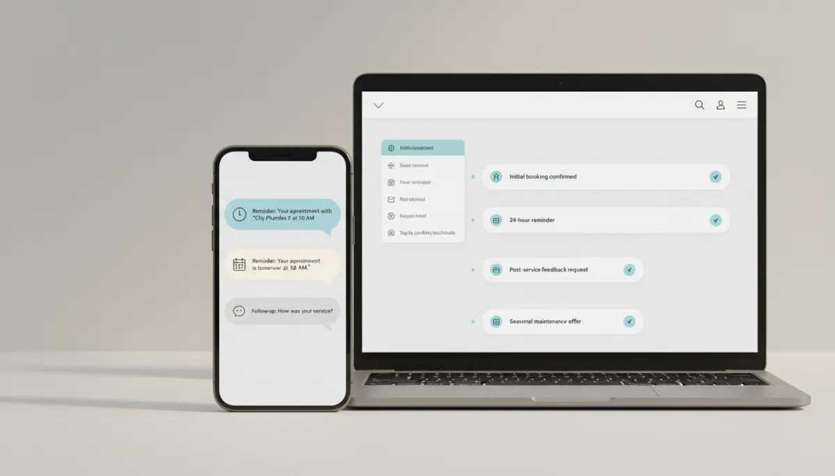 Devices showing automated reminder and follow-up message sequences for a local business Devices showing automated reminder and follow-up message sequences for a local business